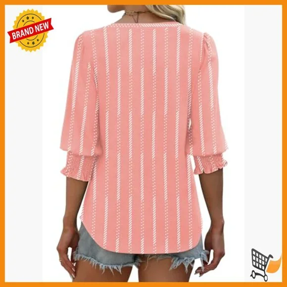 Women's 3/4 Sleeve V-Neck Blouse with Smocked Cuffs, Dressy Casual Top - Picture 5 of 7